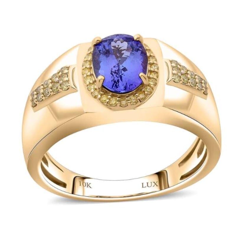 Luxoro AAA Tanzanite and I3 Natural Yellow Diamond 2.15 ctw Men's Ring in 10K Yellow Gold (Size 10.0) 8 Grams