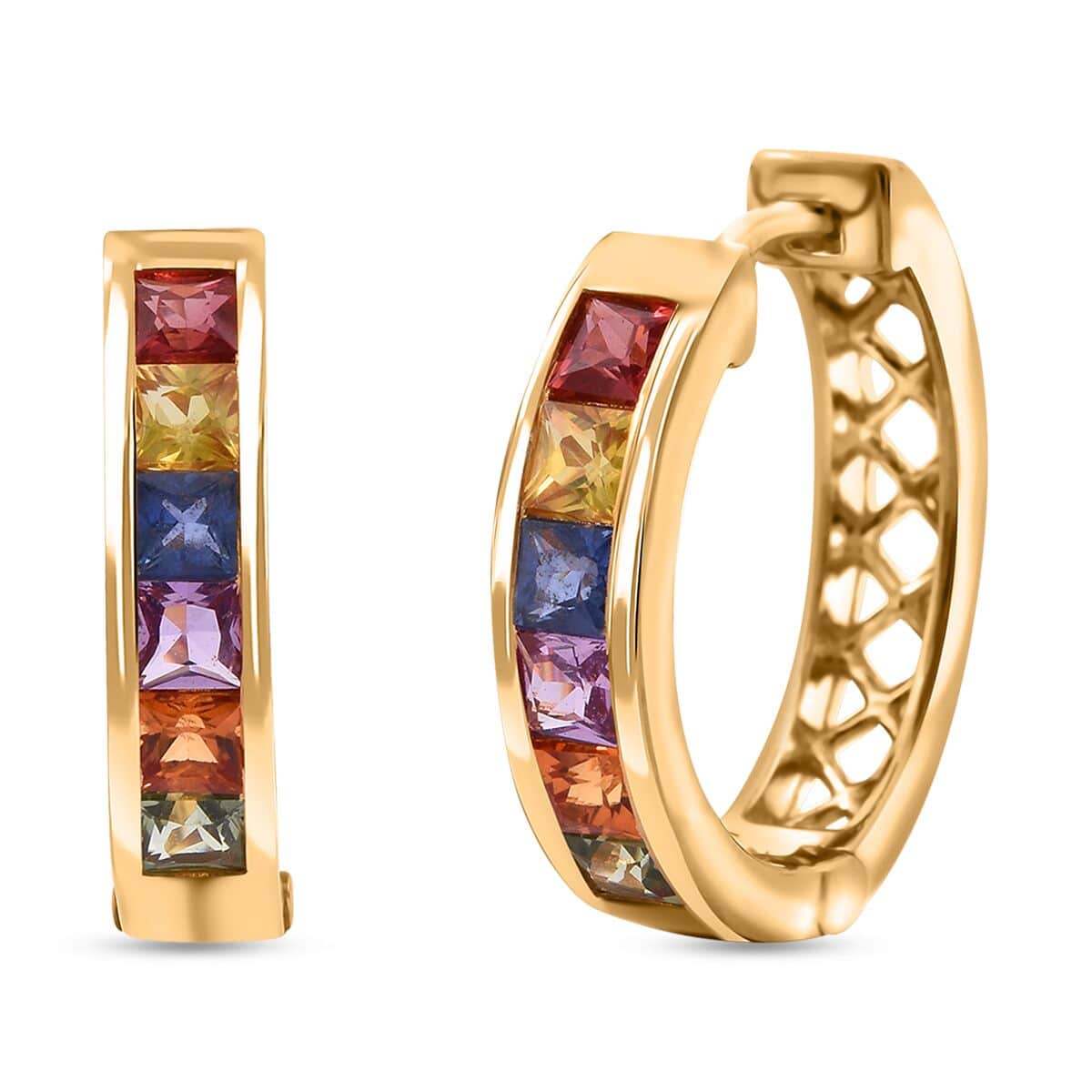 Doorbuster Premium Rainbow Sapphire 1.60 ctw Hoop Earrings in Vermeil Yellow Gold Over Sterling Silver image number 0