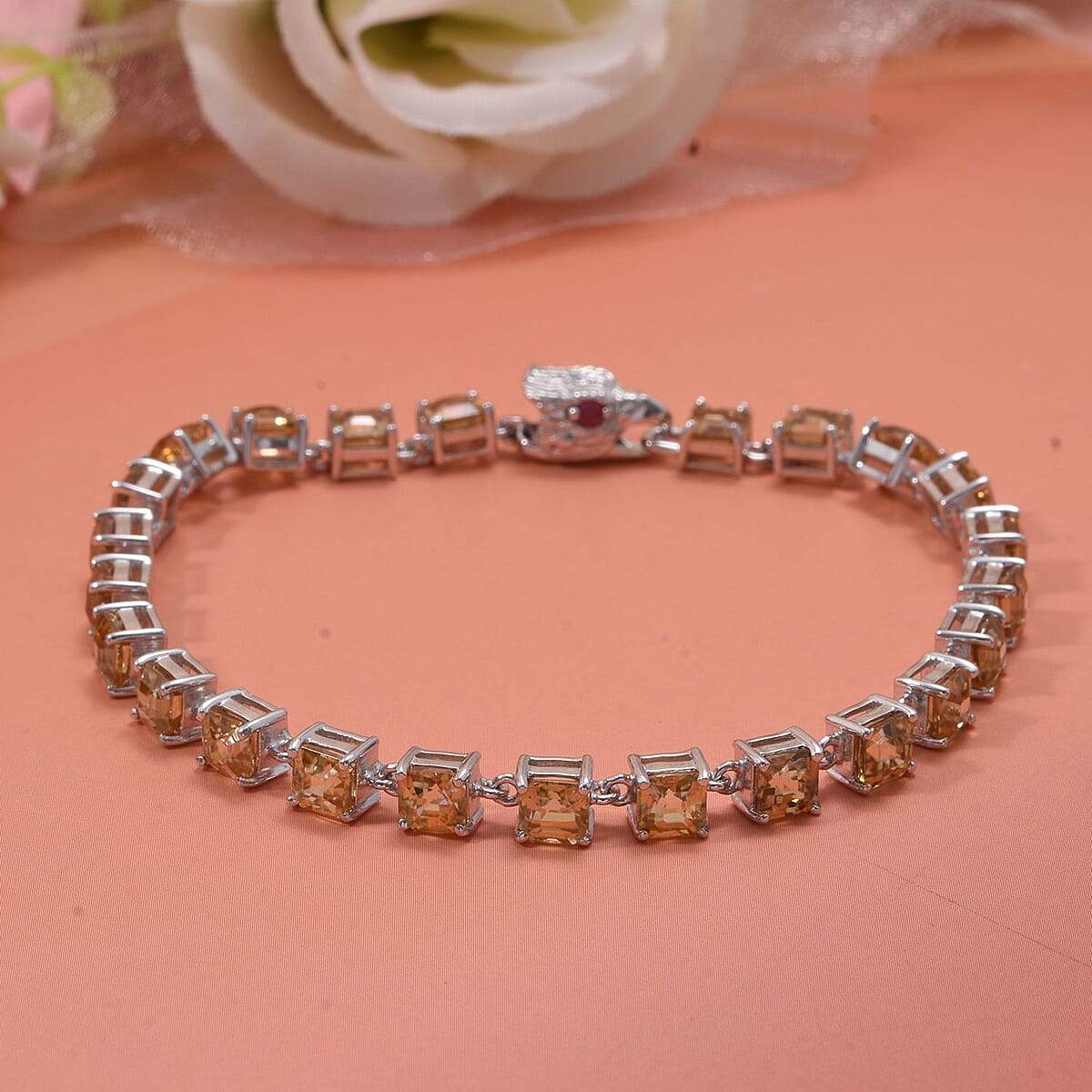 AAA Tanzania Yellow Zircon and Niassa Ruby (FF) 18.35 ctw Eagle Bracelet in Rhodium Over Sterling Silver (7.25 In) image number 1