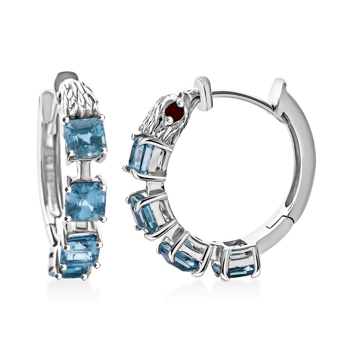 AAA Cambodian Blue Zircon and Niassa Ruby (FF) 6.35 ctw Eagle Hoop Earrings in Rhodium Over Sterling Silver image number 0