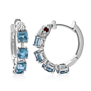 AAA Cambodian Blue Zircon and Niassa Ruby (FF) 6.35 ctw Eagle Hoop Earrings in Rhodium Over Sterling Silver