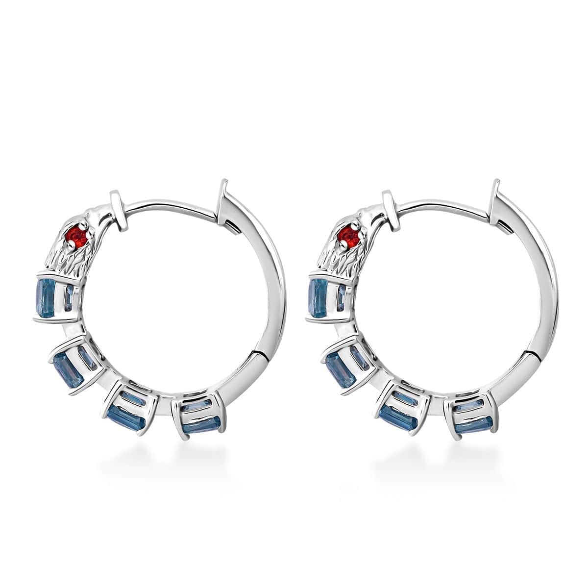 AAA Cambodian Blue Zircon and Niassa Ruby (FF) 6.35 ctw Eagle Hoop Earrings in Rhodium Over Sterling Silver image number 3