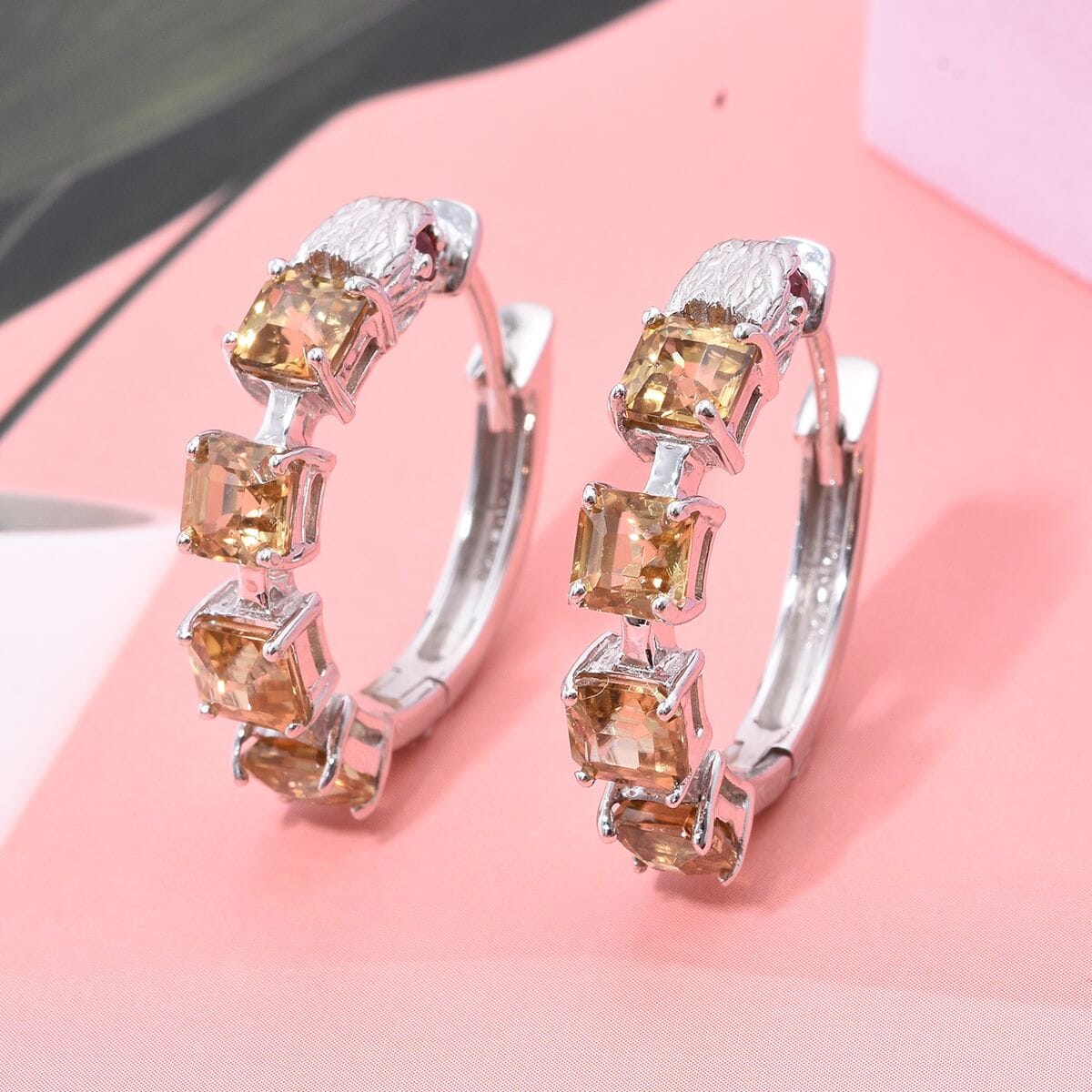 AAA Yellow Zircon and Niassa Ruby (FF) 6.30 ctw Eagle Hoop Earrings in Rhodium Over Sterling Silver image number 1