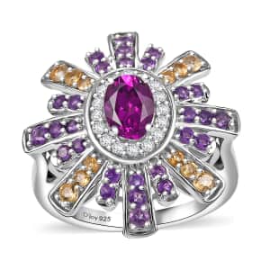 AAA Radiant Ember Garnet and Multi Gemstone 2.00 ctw Radiant Starburst Ring in Rhodium Over Sterling Silver (Size 10.0)