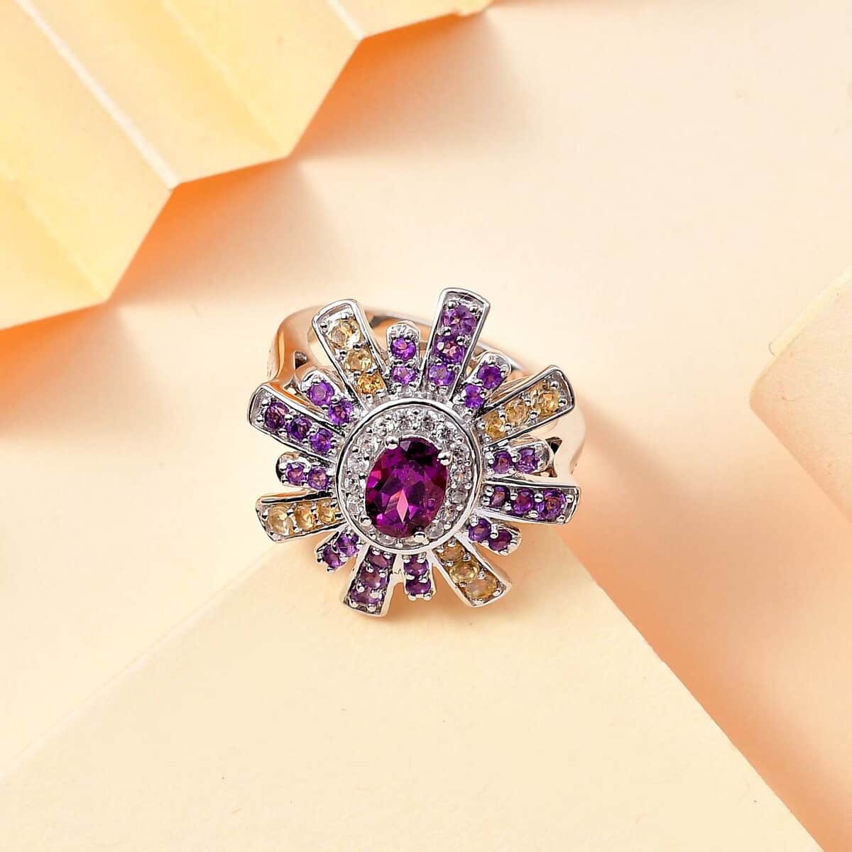 AAA Radiant Ember Garnet and Multi Gemstone 2.00 ctw Radiant Starburst Ring in Rhodium Over Sterling Silver (Size 10.0) image number 1