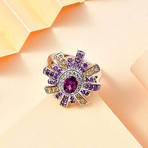 AAA Radiant Ember Garnet and Multi Gemstone 2.00 ctw Radiant Starburst Ring in Rhodium Over Sterling Silver (Size 10.0)