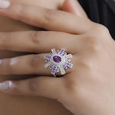AAA Radiant Ember Garnet and Multi Gemstone 2.00 ctw Radiant Starburst Ring in Rhodium Over Sterling Silver (Size 10.0)