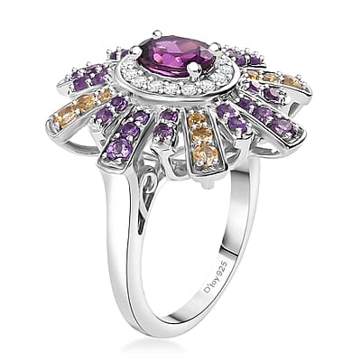 AAA Radiant Ember Garnet and Multi Gemstone 2.00 ctw Radiant Starburst Ring in Rhodium Over Sterling Silver (Size 10.0)