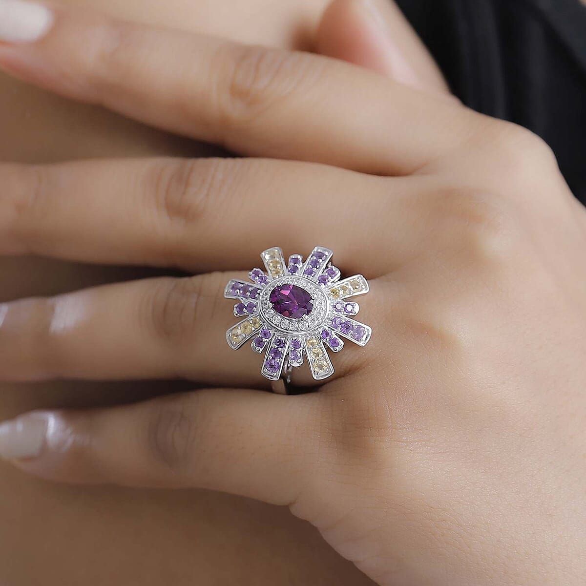 AAA Radiant Ember Garnet and Multi Gemstone 2.00 ctw Radiant Starburst Ring in Rhodium Over Sterling Silver (Size 6.0) image number 2