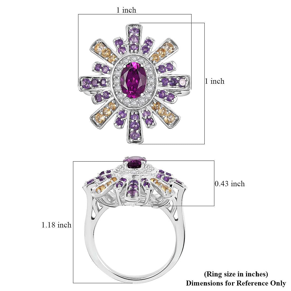 D'Joy AAA Radiant Ember Garnet and Multi Gemstone 2.00 ctw Radiant Starburst Ring in Rhodium Over Sterling Silver (Size 7.0) image number 5