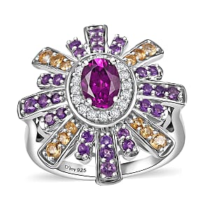 D'Joy AAA Radiant Ember Garnet and Multi Gemstone 2.00 ctw Radiant Starburst Ring in Rhodium Over Sterling Silver (Size 8.0)