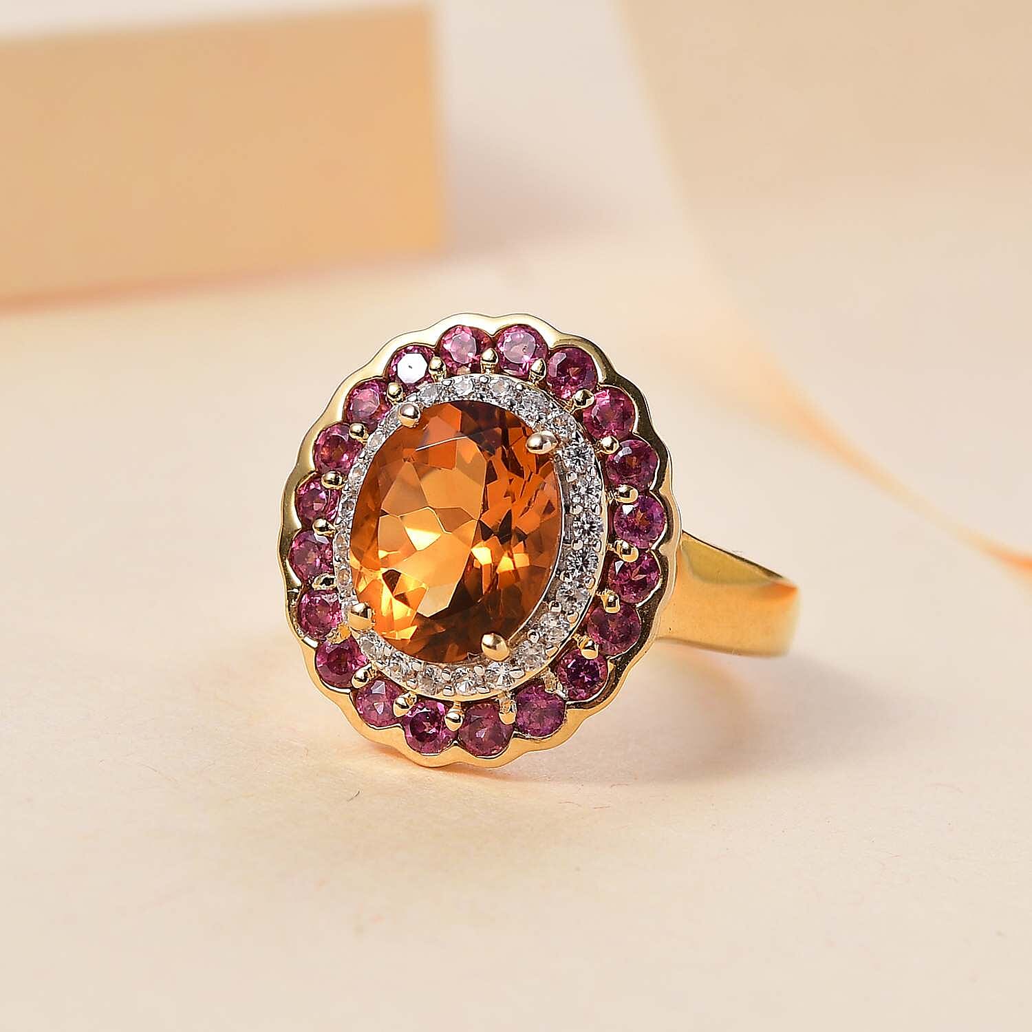 D'Joy Premium Santa Ana Madeira Citrine and Multi Gemstone 3.80 ctw Radiant Flame Bloom Ring in 18K Vermeil Yellow Gold Over Sterling Silver (Size 10.0)