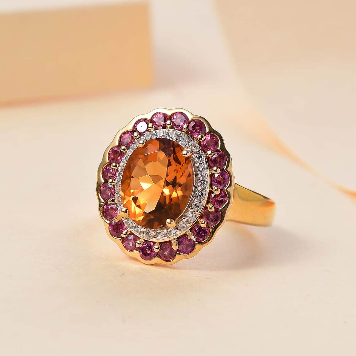 Premium Santa Ana Madeira Citrine and Multi Gemstone 3.80 ctw Radiant Flame Bloom Ring in 18K Vermeil Yellow Gold Over Sterling Silver (Size 10.0) image number 1