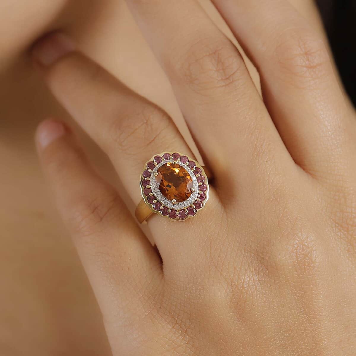 Premium Santa Ana Madeira Citrine and Multi Gemstone 3.80 ctw Radiant Flame Bloom Ring in 18K Vermeil Yellow Gold Over Sterling Silver (Size 10.0) image number 2