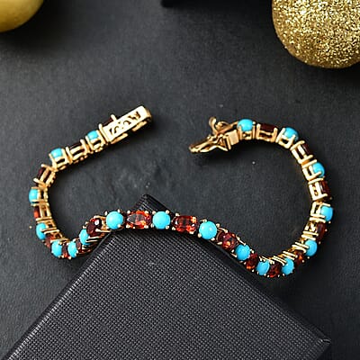 D'Joy Premium Sleeping Beauty Turquoise and Santa Ana Madeira Citrine 12.20 ctw Tennis Bracelet in 18K Vermeil Yellow Gold Over Sterling Silver (7.25 In)