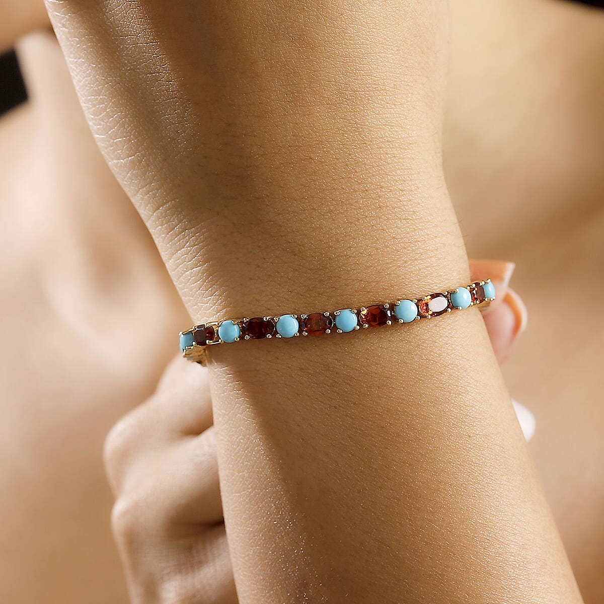 Premium Sleeping Beauty Turquoise and Santa Ana Madeira Citrine 13.25 ctw Tennis Bracelet in 18K Vermeil Yellow Gold Over Sterling Silver (8.00 In) image number 2