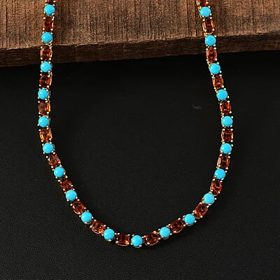 Premium Sleeping Beauty Turquoise and Santa Ana Madeira Citrine 31.90 ctw Tennis Necklace in 18K Vermeil Yellow Gold Over Sterling Silver 18 Inches