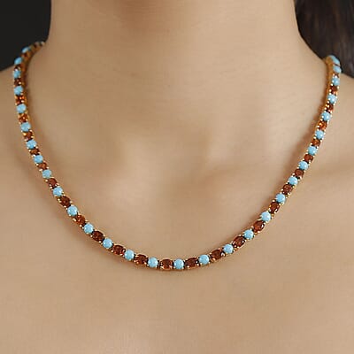Premium Sleeping Beauty Turquoise and Santa Ana Madeira Citrine 31.90 ctw Tennis Necklace in 18K Vermeil Yellow Gold Over Sterling Silver 18 Inches