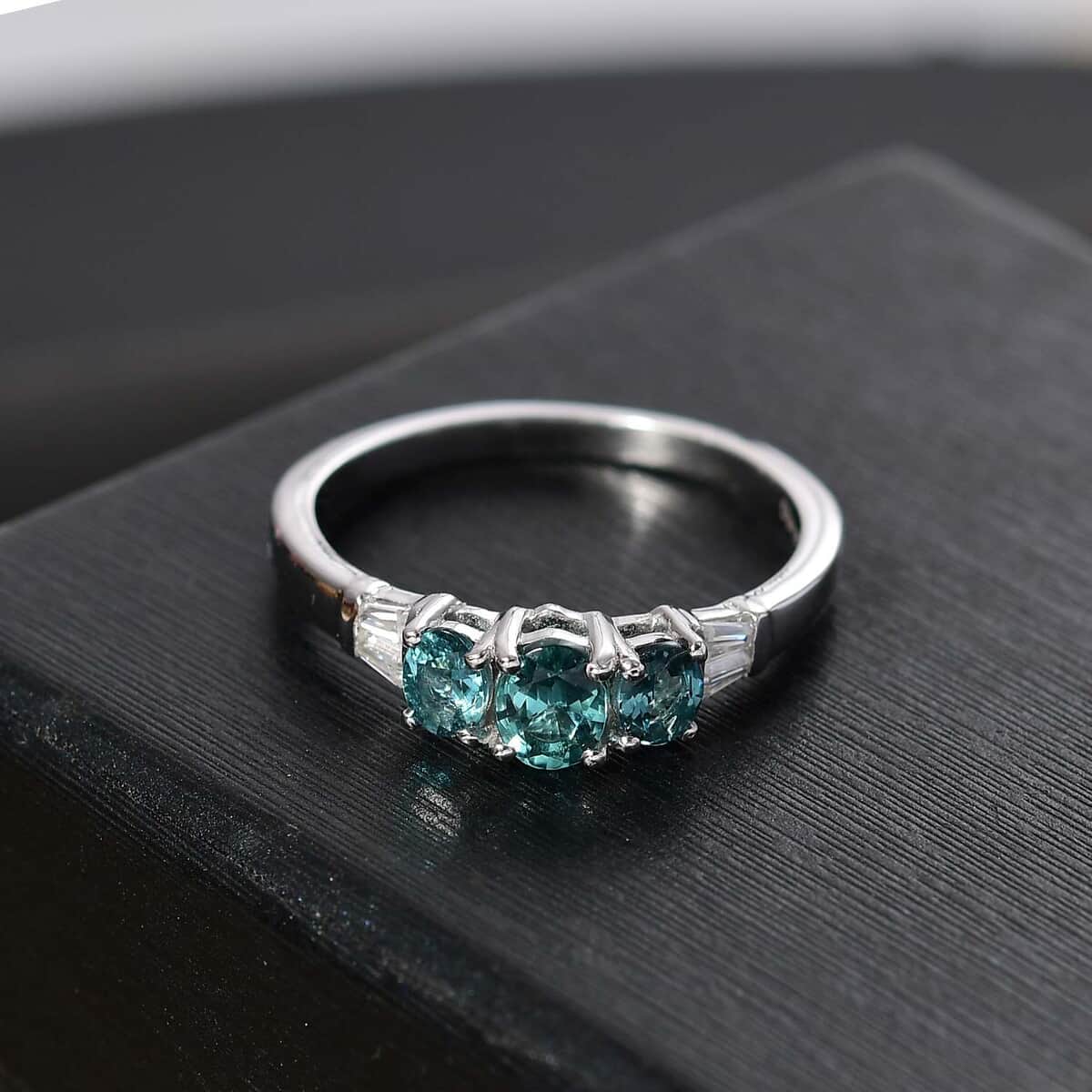 Premium Pirineu Lagoon Tourmaline and Moissanite 0.90 ctw Trinity Ring in Rhodium Over Sterling Silver (Size 10.0) image number 1