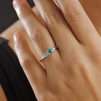 D'Joy Premium Pirineu Lagoon Tourmaline and Moissanite 0.90 ctw Trinity Ring in Rhodium Over Sterling Silver (Size 10.0)