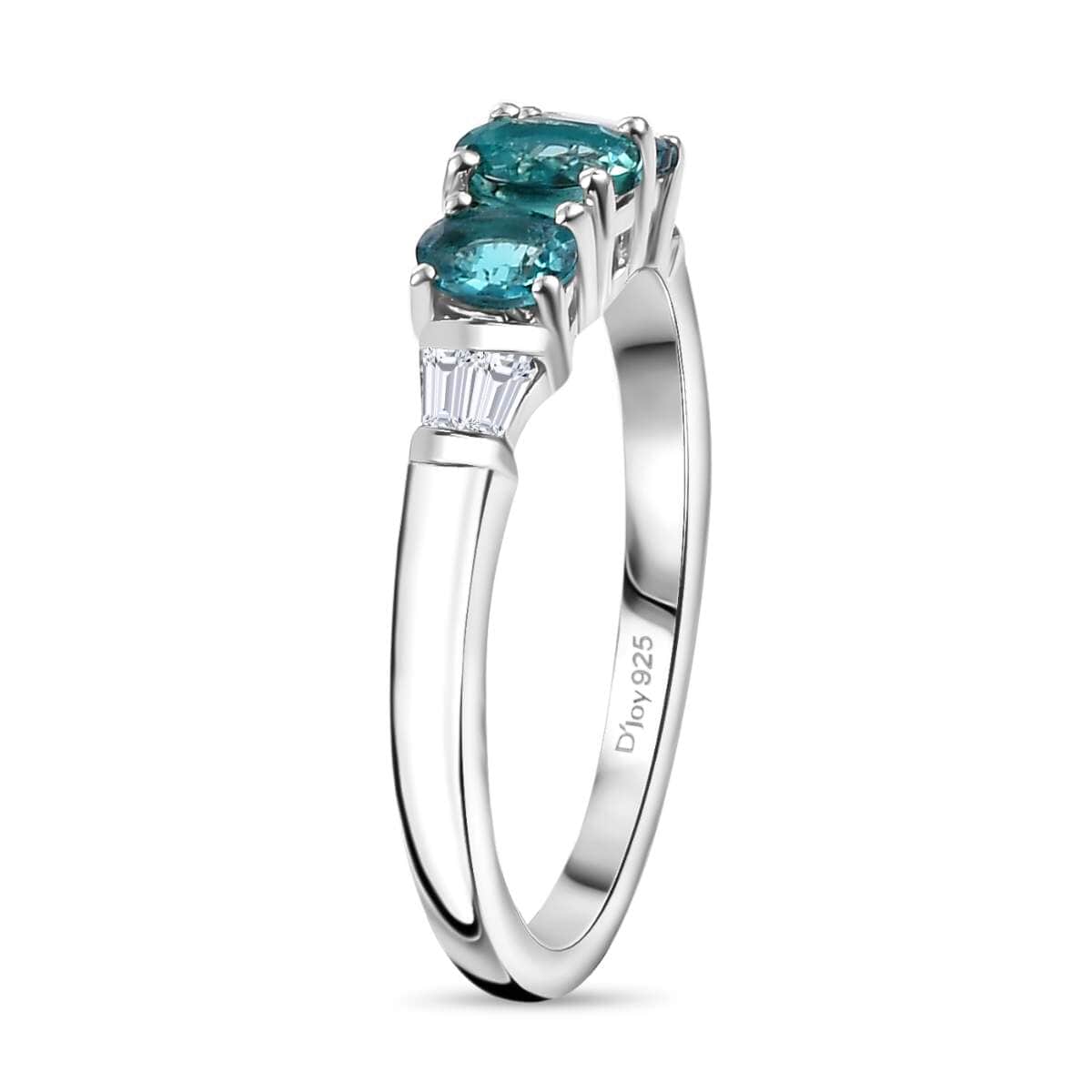 Premium Pirineu Lagoon Tourmaline and Moissanite 0.90 ctw Trinity Ring in Rhodium Over Sterling Silver (Size 10.0) image number 3