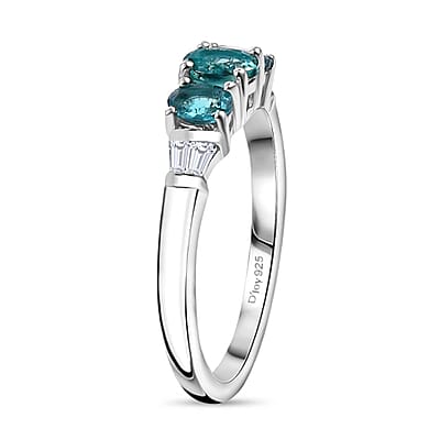 D'Joy Premium Pirineu Lagoon Tourmaline and Moissanite 0.90 ctw Trinity Ring in Rhodium Over Sterling Silver (Size 10.0)
