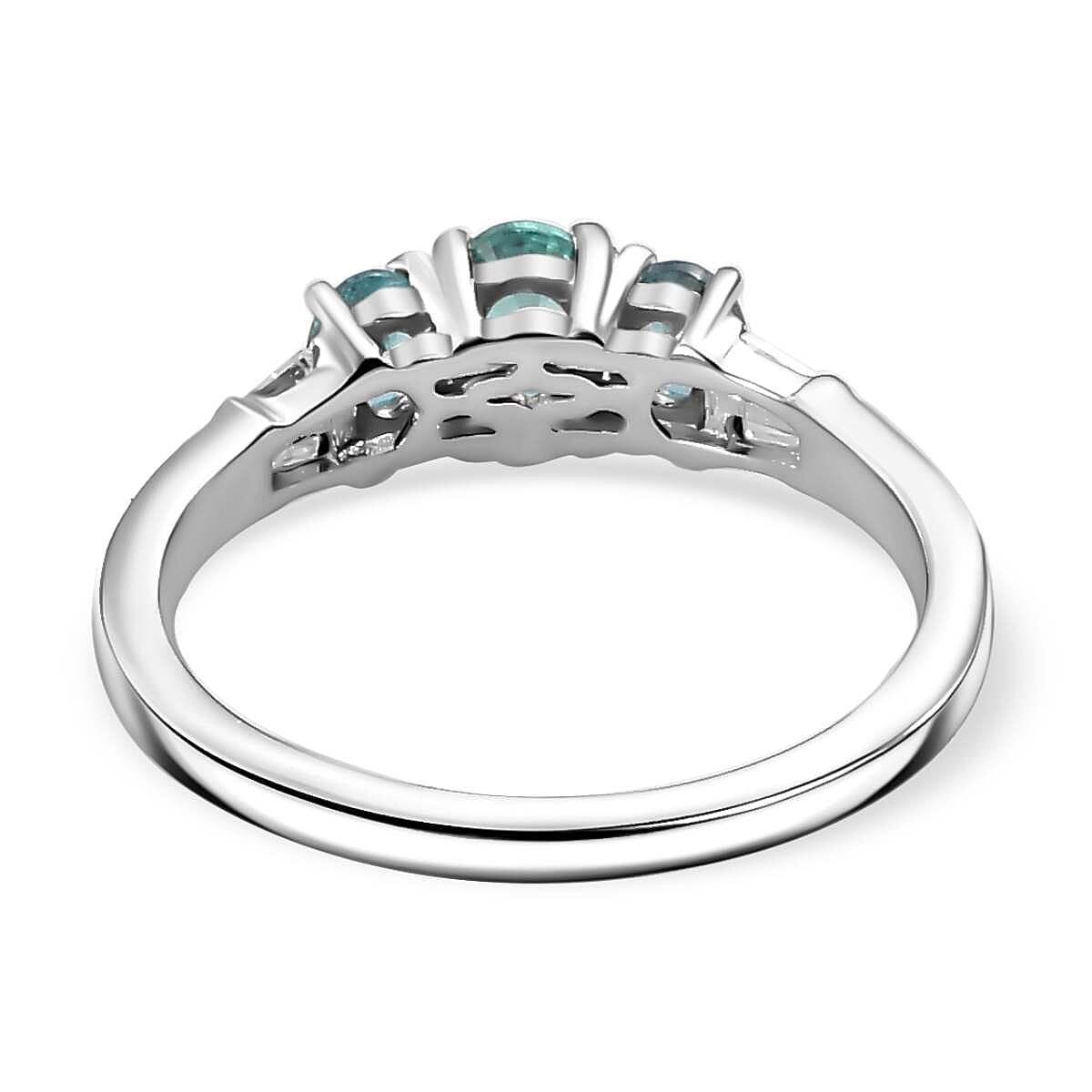 D'Joy Premium Pirineu Lagoon Tourmaline and Moissanite 0.90 ctw Trinity Ring in Rhodium Over Sterling Silver (Size 10.0)