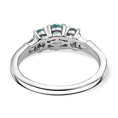 D'Joy Premium Pirineu Lagoon Tourmaline and Moissanite 0.90 ctw Trinity Ring in Rhodium Over Sterling Silver (Size 10.0)