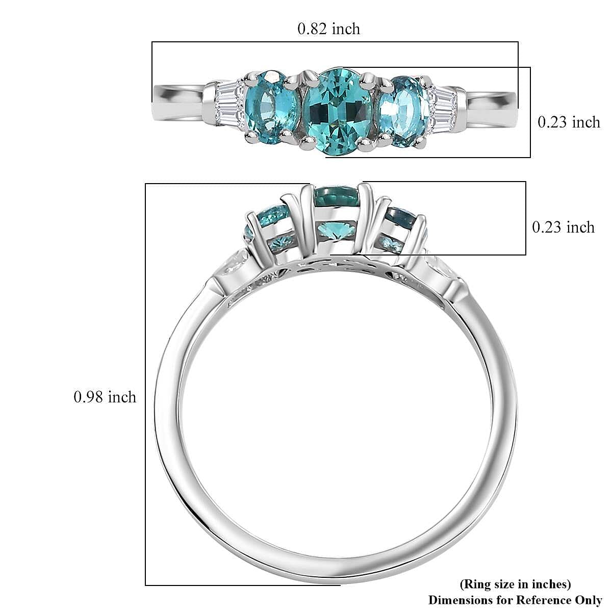 D'Joy Premium Pirineu Lagoon Tourmaline and Moissanite 0.90 ctw Trinity Ring in Rhodium Over Sterling Silver (Size 10.0)