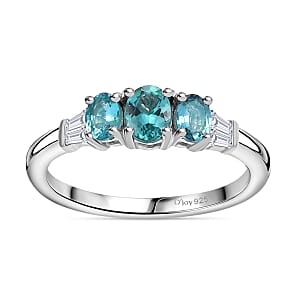 D'Joy Premium Pirineu Lagoon Tourmaline and Moissanite 0.90 ctw Trinity Ring in Rhodium Over Sterling Silver (Size 5.0)