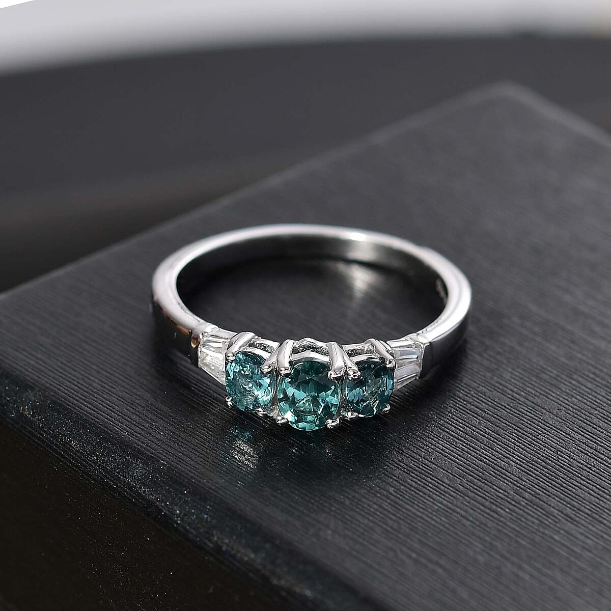 D'Joy Premium Pirineu Lagoon Tourmaline and Moissanite 0.90 ctw Trinity Ring in Rhodium Over Sterling Silver (Size 5.0) image number 1