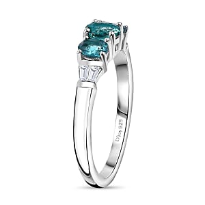Premium Pirineu Lagoon Tourmaline and Moissanite 0.90 ctw Trinity Ring in Rhodium Over Sterling Silver (Size 6.0)