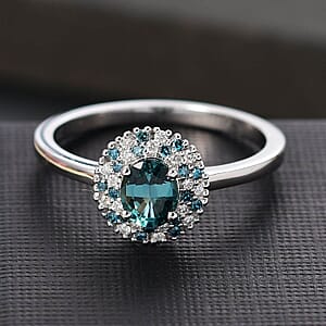 Luxoro Premium Pirineu Lagoon Tourmaline, Blue and Diamond I2 0.90 ctw Celestial Halo Ring in 10K White Gold (Size 10.0)
