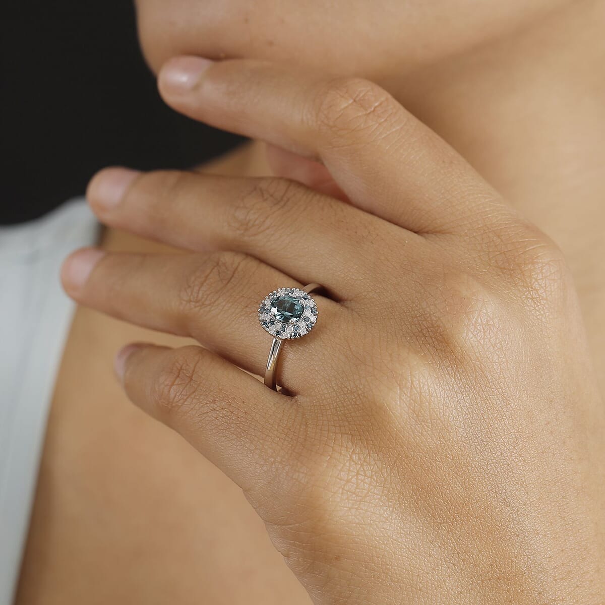 Luxoro Premium Pirineu Lagoon Tourmaline, Blue and Diamond I2 0.90 ctw Celestial Halo Ring in 10K White Gold (Size 8.0) image number 2