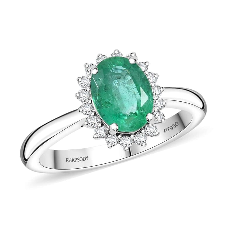 Certified & Appraised Rhapsody 950 Platinum AAAA Kagem Zambian Emerald, Diamond (E-F, VS) (0.17 cts) Ring (Size 5.0) (6.30 g) 1.30 ctw