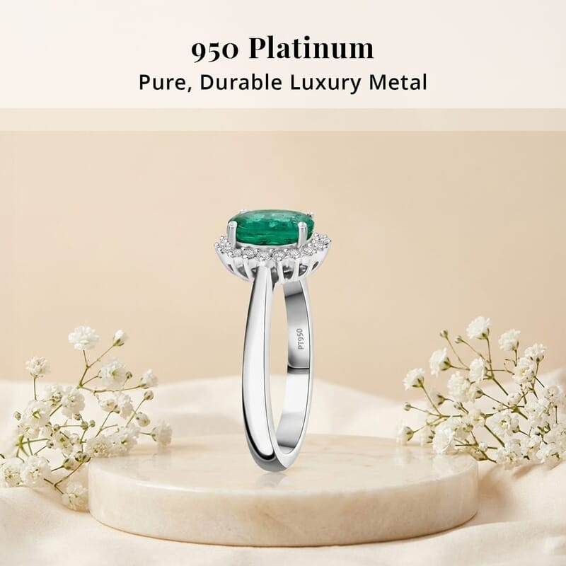 Certified & Appraised Rhapsody 950 Platinum AAAA Kagem Zambian Emerald, Diamond (E-F, VS) (0.17 cts) Ring (Size 5.0) (6.30 g) 1.30 ctw