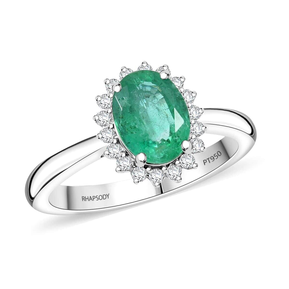 Rhapsody 950 Platinum AAAA Kagem Zambian Emerald, Diamond (E-F, VS) (0.17 cts) Ring (Size 5.5) (6.30 g) 1.30 ctw image number 0