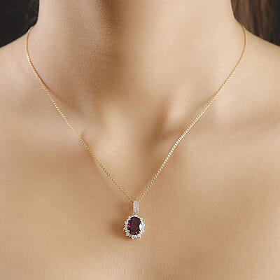 Certified & Appraised Luxoro AAA Radiant Ember Garnet and I2 Diamond 3.61 ctw Sunburst Pendant in 10K Yellow Gold