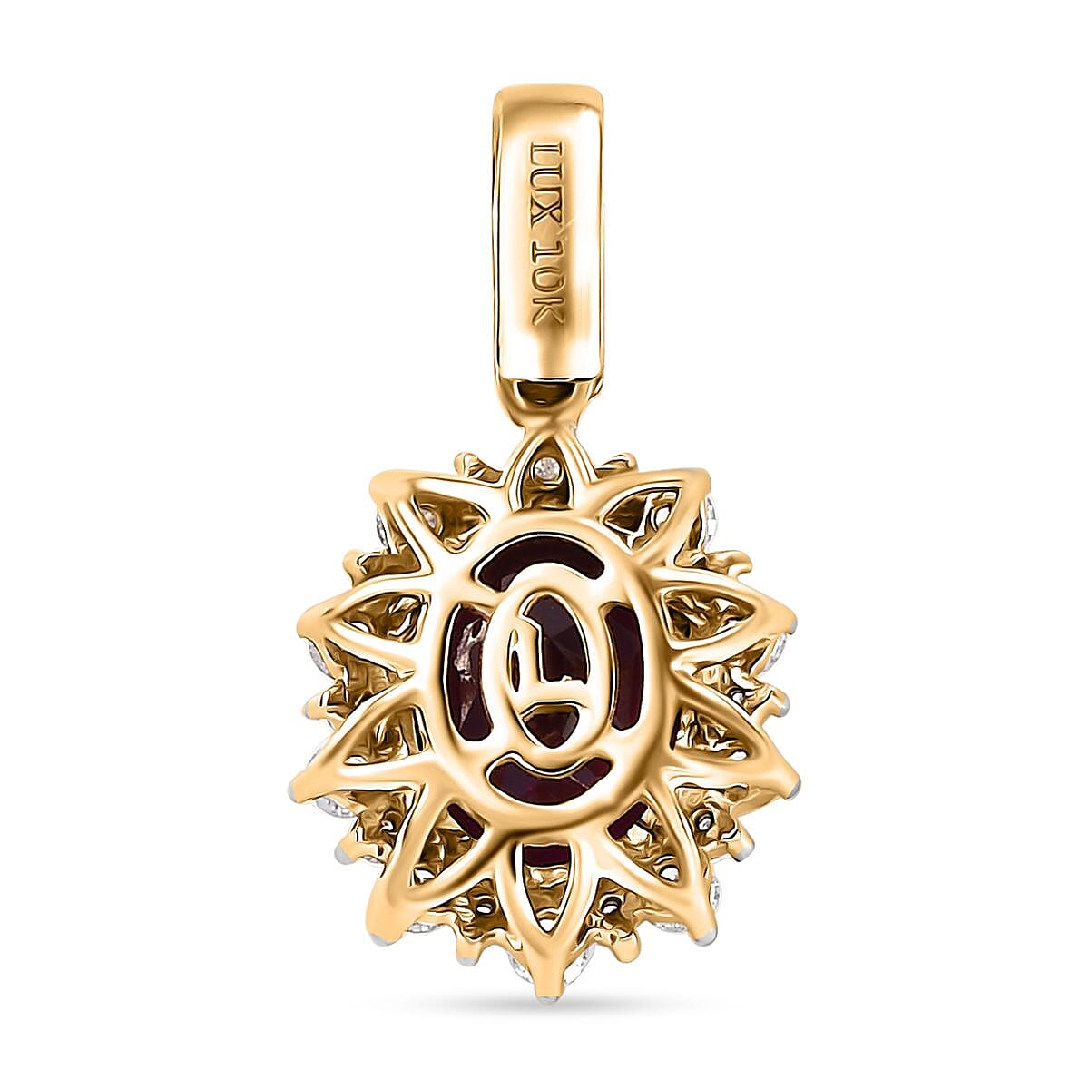 Certified & Appraised Luxoro AAA Radiant Ember Garnet and I2 Diamond 3.61 ctw Sunburst Pendant in 10K Yellow Gold