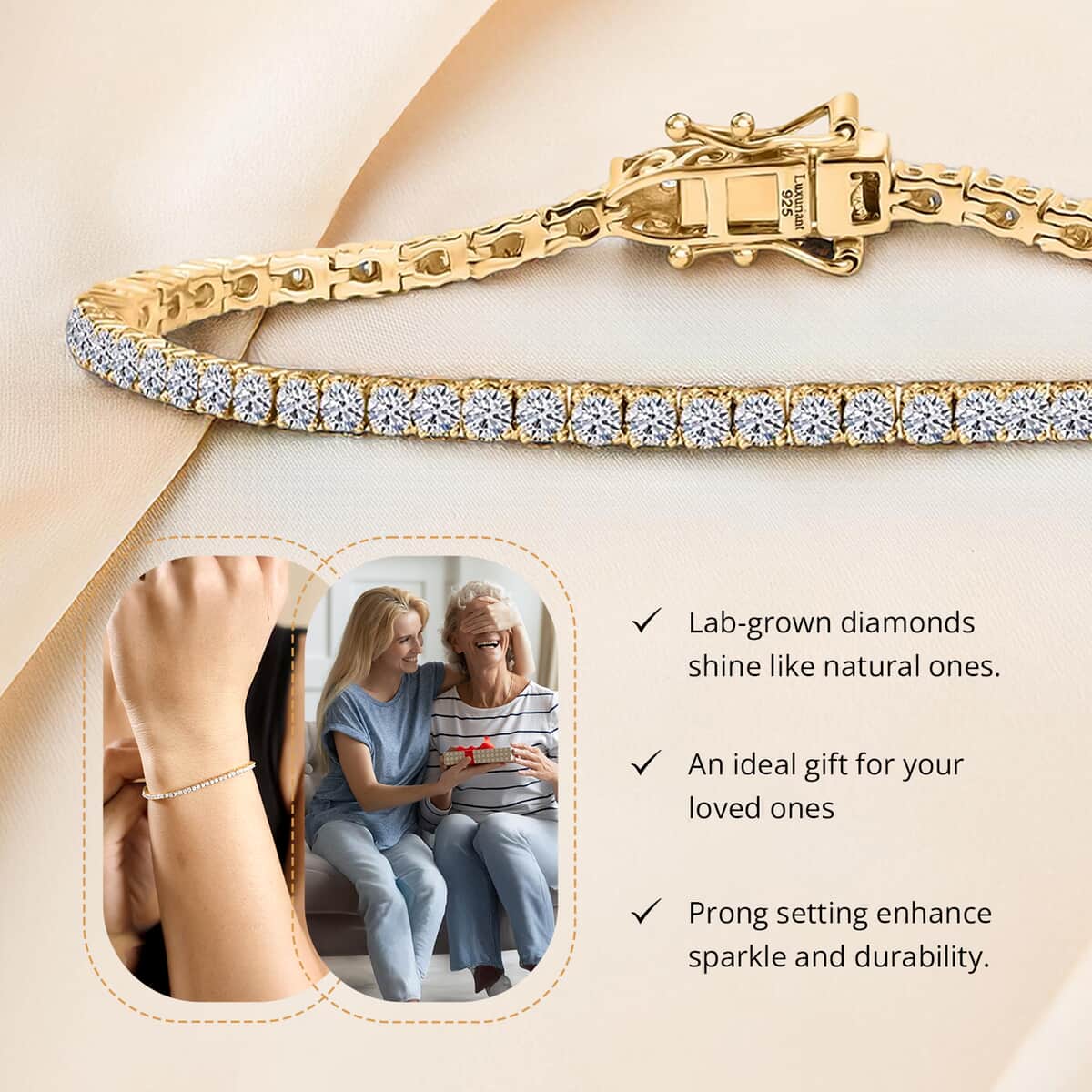 Luxuriant Lab Grown Diamond E-F VS 3.00 ctw Tennis Bracelet in 18K Vermeil Yellow Gold Over Sterling Silver (7.25 In) image number 2