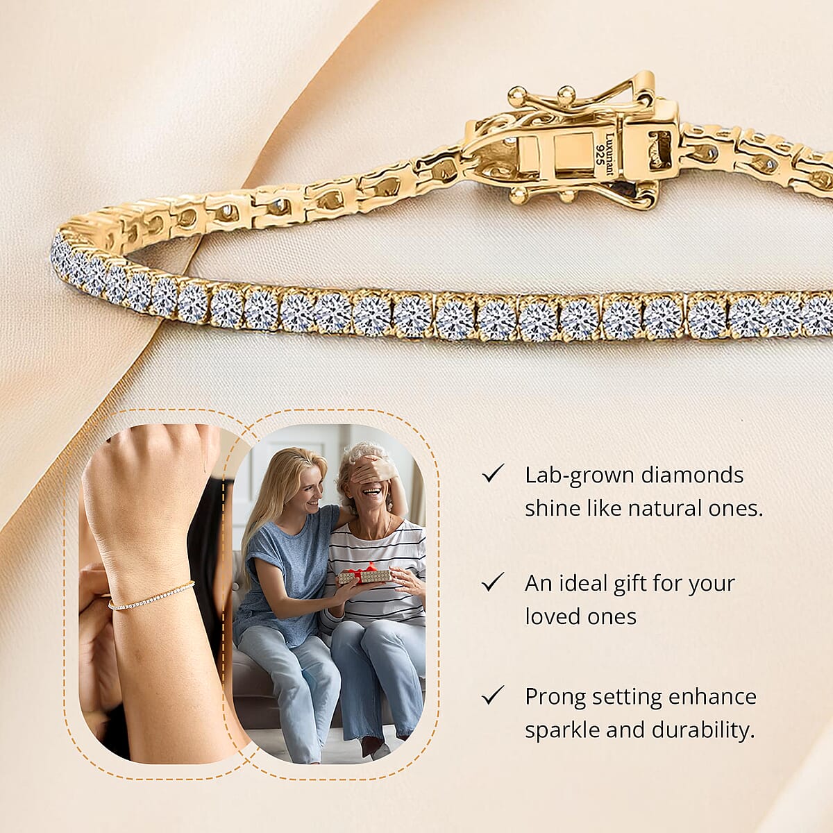 Luxuriant Lab Grown Diamond E-F VS 3.00 ctw Tennis Bracelet in 18K Vermeil Yellow Gold Over Sterling Silver (8.00 In) image number 2