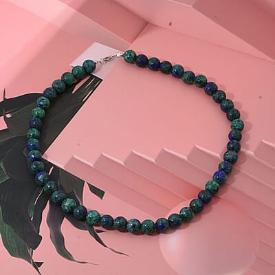 Azurite Malachite Agate 250.00 ctw Beaded Necklace 18 Inches in Sterling Silver