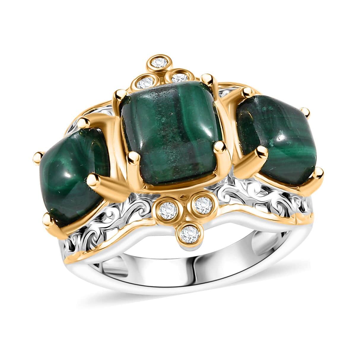 African Malachite and White Zircon 7.10 ctw Verdant Crown Ring in 18K Vermeil YG and Rhodium Over Sterling Silver (Size 10.0) image number 0