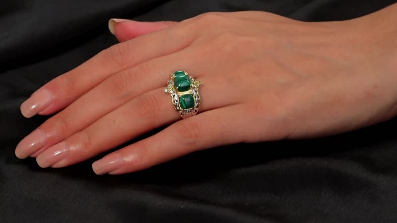 African Malachite, White Zircon Verdant Crown Ring in 18K Vermeil YG and Rhodium Over Sterling Silver (Size 10.0) 7.10 ctw