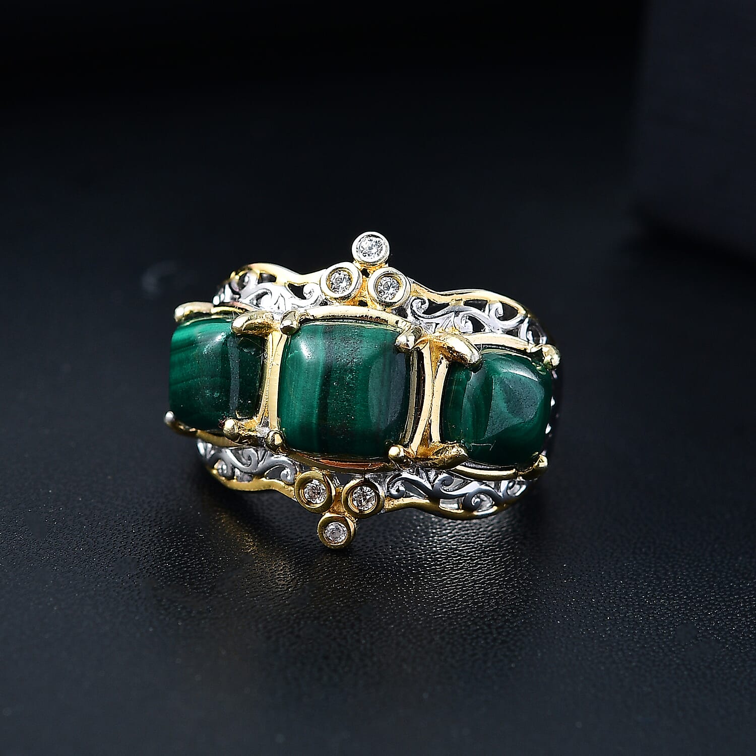 D'Joy African Malachite and White Zircon 7.10 ctw Verdant Crown Ring in 18K Vermeil YG and Rhodium Over Sterling Silver (Size 10.0)