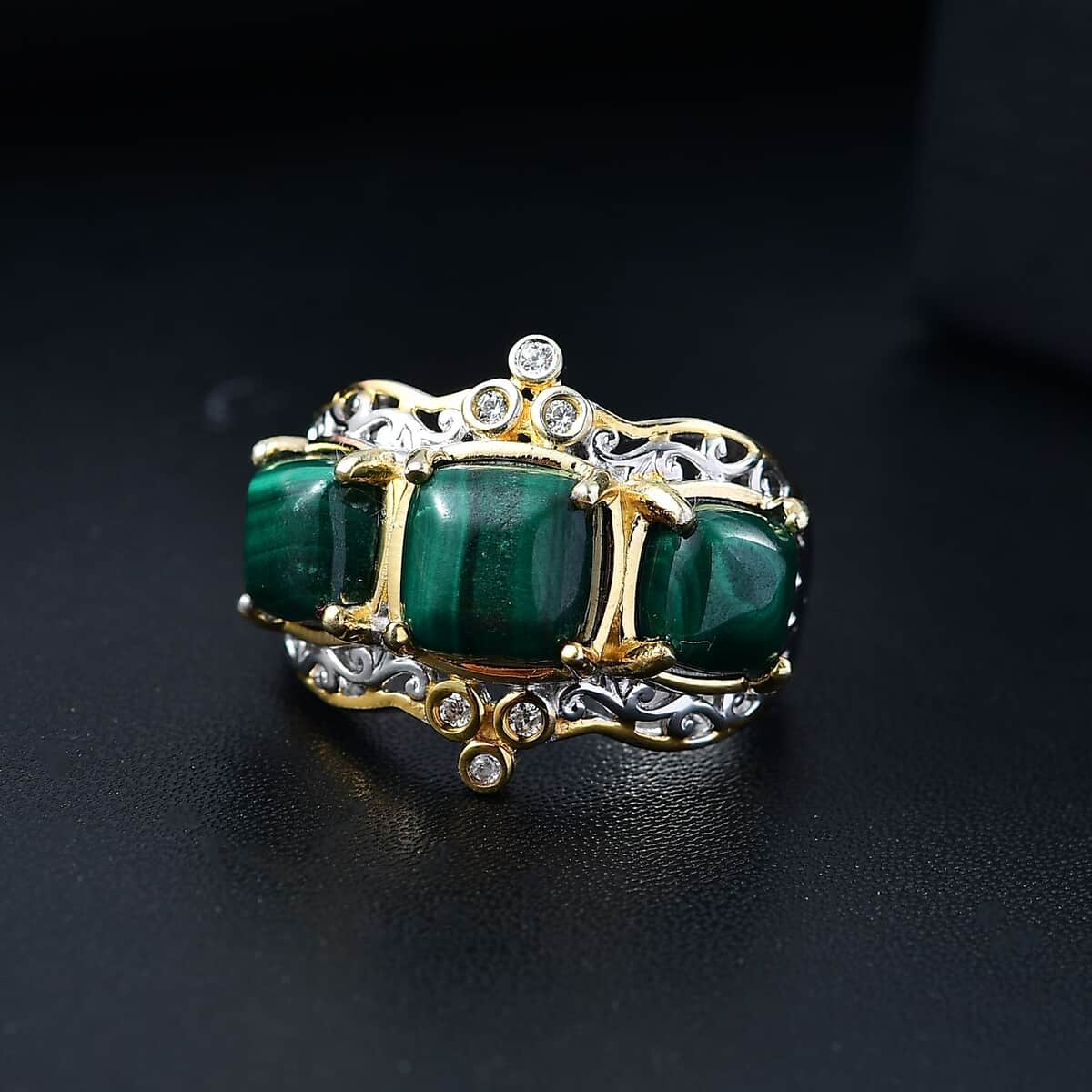 African Malachite and White Zircon 7.10 ctw Verdant Crown Ring in 18K Vermeil YG and Rhodium Over Sterling Silver (Size 10.0) image number 1