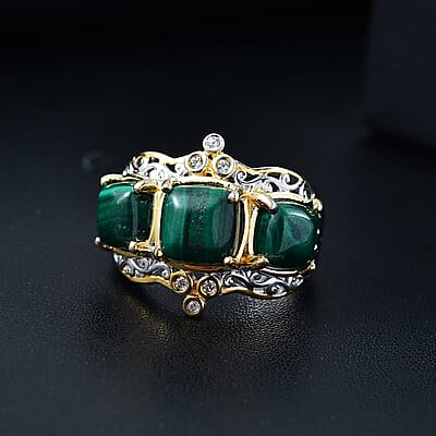 D'Joy African Malachite and White Zircon 7.10 ctw Verdant Crown Ring in 18K Vermeil YG and Rhodium Over Sterling Silver (Size 10.0)
