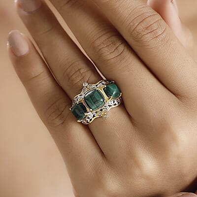 D'Joy African Malachite and White Zircon 7.10 ctw Verdant Crown Ring in 18K Vermeil YG and Rhodium Over Sterling Silver (Size 10.0)