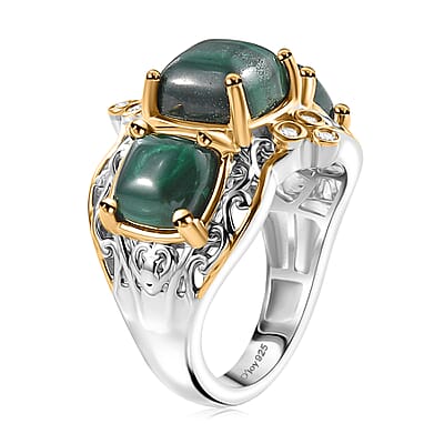 D'Joy African Malachite and White Zircon 7.10 ctw Verdant Crown Ring in 18K Vermeil YG and Rhodium Over Sterling Silver (Size 10.0)