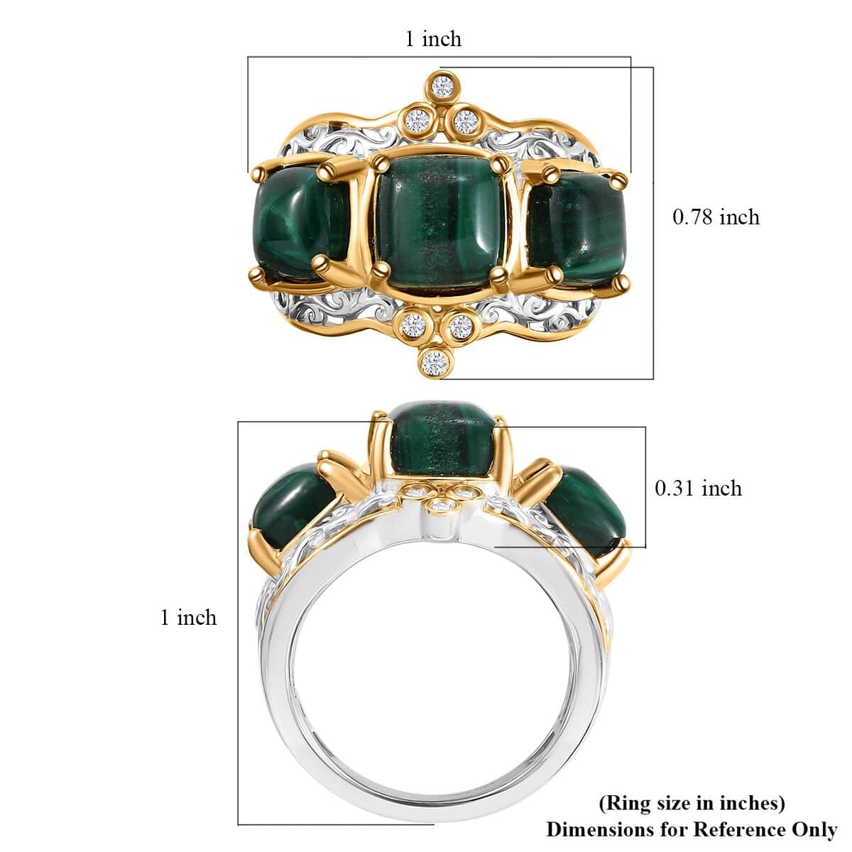 African Malachite and White Zircon 7.10 ctw Verdant Crown Ring in 18K Vermeil YG and Rhodium Over Sterling Silver (Size 10.0) image number 5